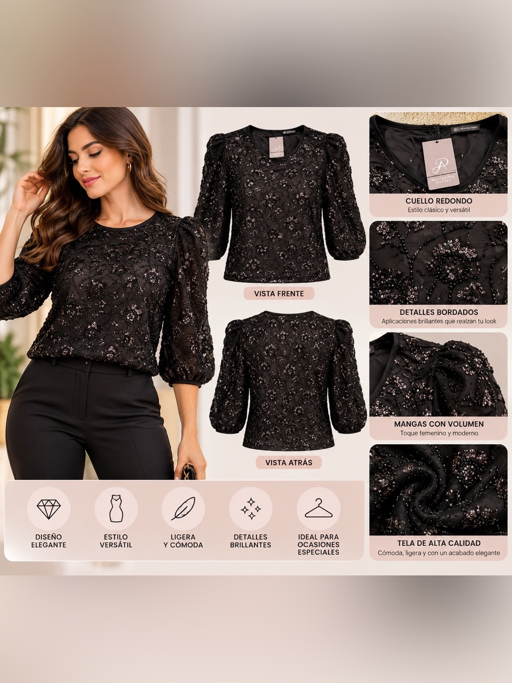 Adrianna Papell Black Sequin Puff-Sleeve Blouse